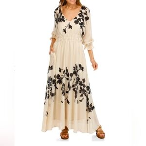 Midnight Bloom Cream Midi Dress Black Floral Smocked Waist V-Neck Taylor Sz 10